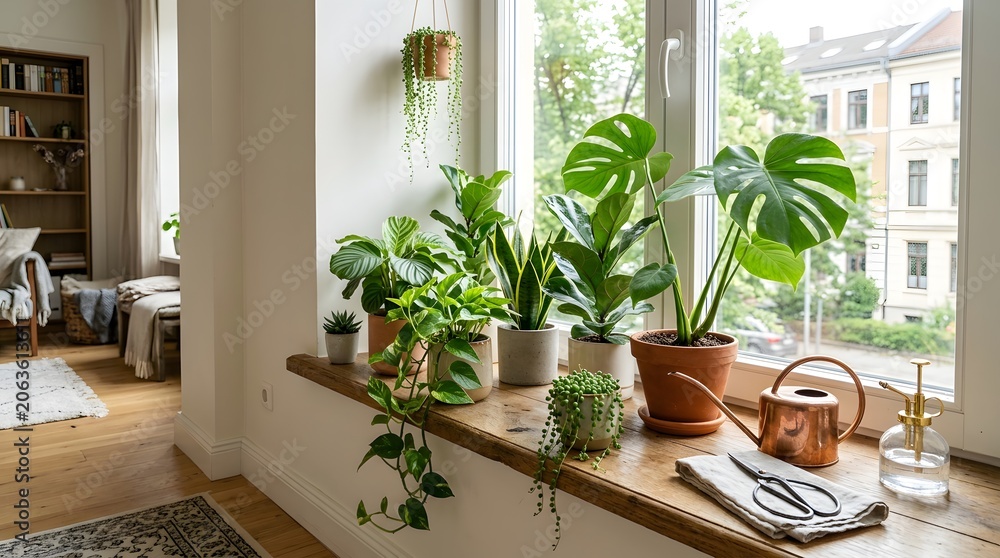 Fototapeta premium Cozy Living Room Interior Featuring a Variety of Vibrant Potted Houseplants Arranged on a Sunny Wooden Window Sill
