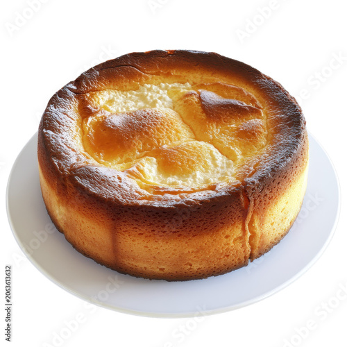 Golden-brown baked cheesecake with creamy interior and caramelized top isolated on white background