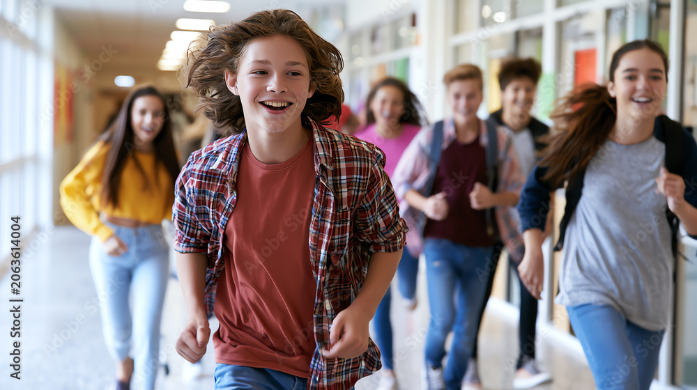 Obraz premium A group of smiling teenagers running joyfully in a school hallway, showcasing friendship and excitement.