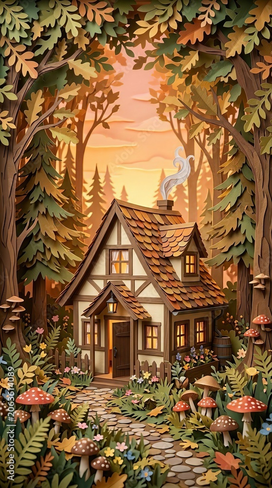 Fototapeta premium Cozy Forest Cottage with Autumn Trees and Mushrooms in Paper Cut Style
