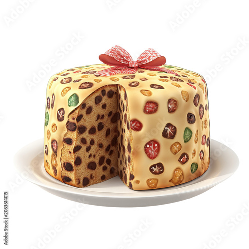 Festive fruitcake with a slice removed adorned with candied fruit and a red gingham bow isolated on white background