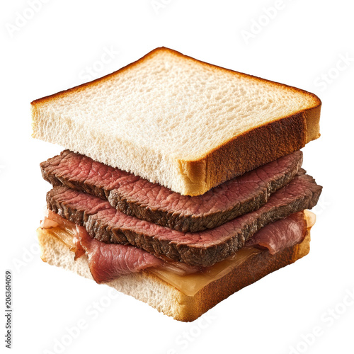 Stacked roast beef sandwich with cheese and bread close-up view isolated on white background