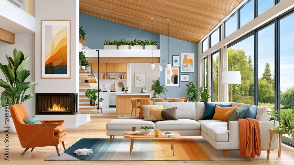Obraz premium Modern open-plan living room with sectional sofa, fireplace, large windows and cozy natural light