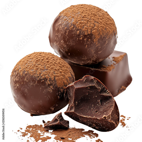 Decadent chocolate truffles and dark chocolate chunks cocoa dusting isolated on white background