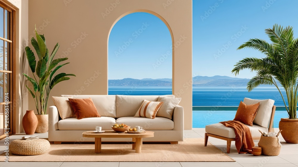 Fototapeta premium Coastal wellness retreat terrace with comfortable sofa, ocean view and relaxed Mediterranean styling