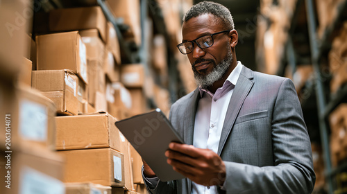 A serious businessman analyzes stock data on a tablet while standing in a warehouse surrounded by boxes.