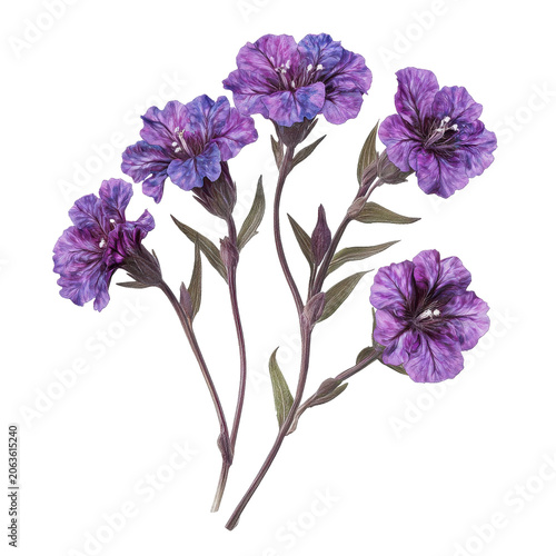 Watercolor painting of five purple petunia flowers with textured petals and green stems isolated on white background