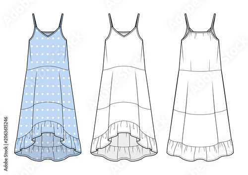 Tiered High-Low Maxi Dress Technical Fashion Illustration. Sleeveless Polka Dot Dress with Spaghetti Straps Vector Template. Front and Back View. Women’s Summer Apparel. CAD Mockup Set.