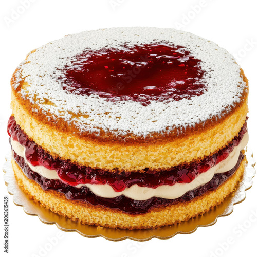 Delicious layered cake with sweet berry jam and cream isolated on white background