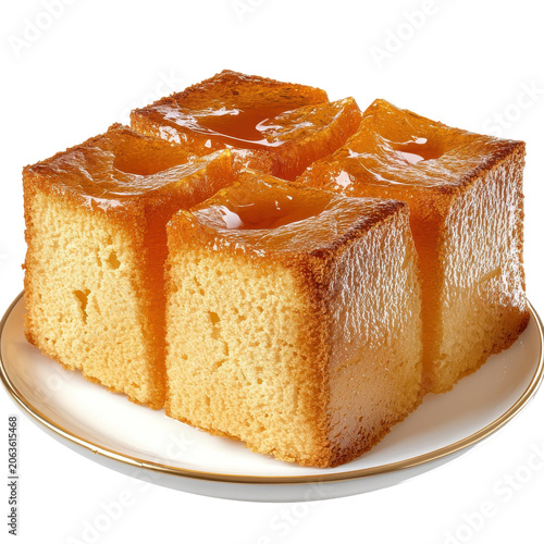 Golden glazed cake slices on a white plate delicious dessert isolated on white background