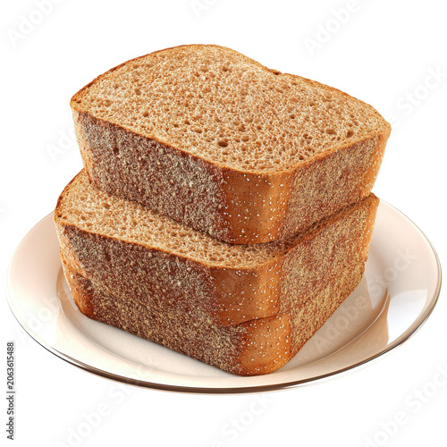 Stacked whole wheat bread slices on a white plate with golden rim isolated on white background