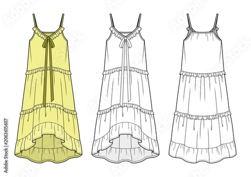 Ribbon Tie Tiered High-Low Maxi Dress Technical Fashion Illustration. Sleeveless Ruffle Trim Dress with Spaghetti Straps Vector Template. Front and Back View. Women’s Apparel. CAD Mockup Set.