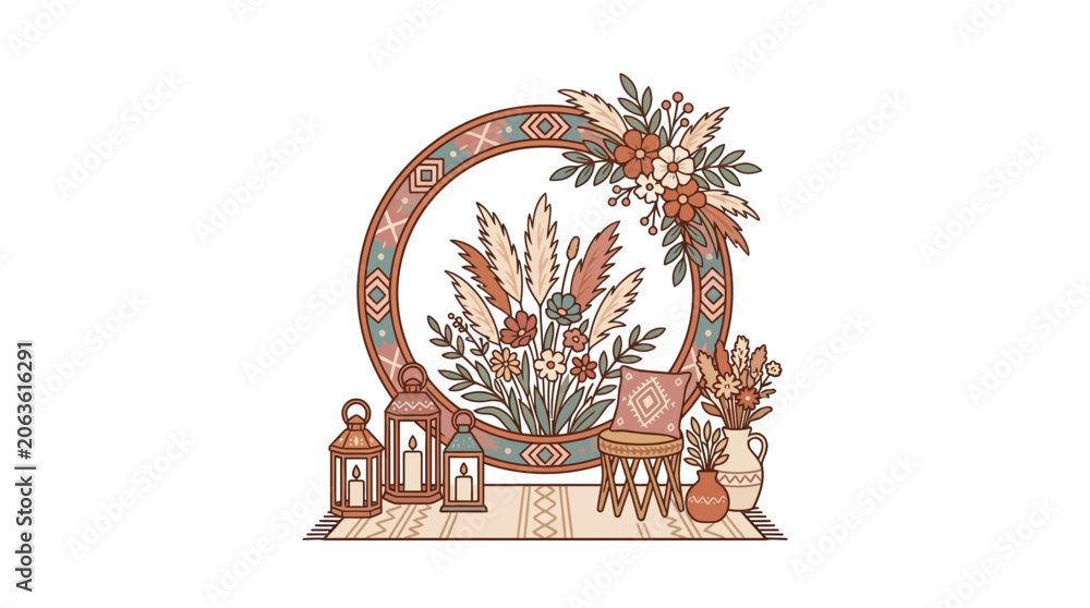 Obraz premium Circular boho wedding backdrop with pampas and lanterns.
