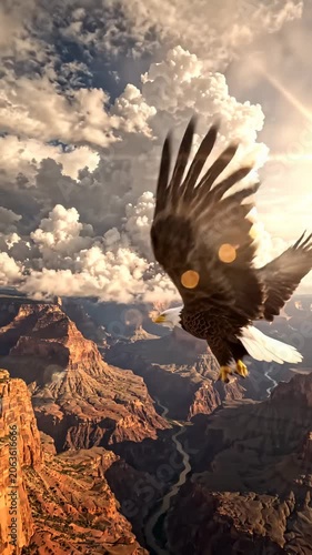 Bald eagle soaring over Grand Canyon.