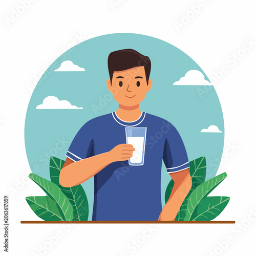 Man Holding Glass of Milk with Green Leaves and Clouds
