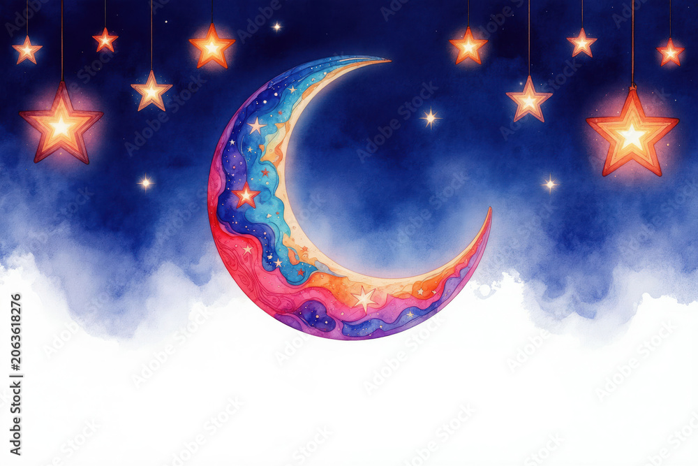 Naklejka premium Colorful crescent moon and glowing stars adorn a deep blue night sky with wispy clouds. This dreamy illustration evokes wonder and celebration, perfect for festive or spiritual themes.
