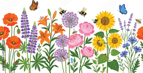 Seamless border of colorful wildflowers with butterflies and bees on white background, flat vector illustration design element