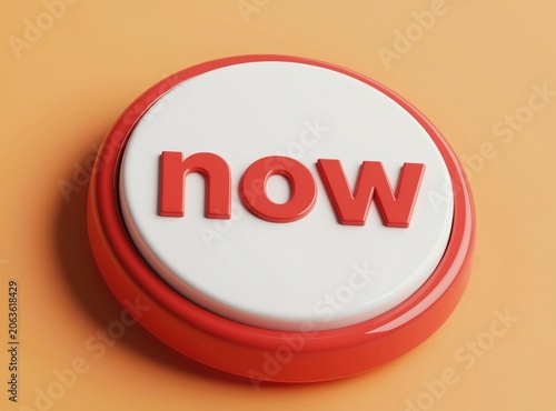 Red and white button labeled now suggests immediate action. Usable for promotions, sales, or urgent tasks. Graphic element for websites apps interfaces.