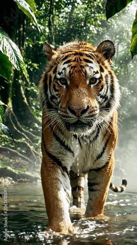 Majestic tiger walking through forest water.