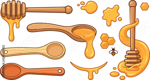 Foto Organic sweet honey dripping from wooden dipper and spoon set with liquid splash