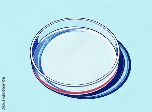 Lab equipment petri dish with clear liquid, useful for science research biology and medical studies. Clean simple abstract cartoon illustration background.