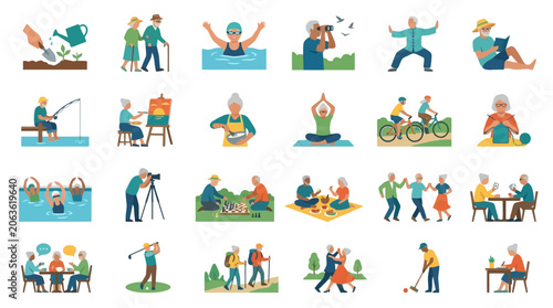 Vector Icons Vector illustrations of active seniors participating in various hobbies and recreational activities. EPS Editable