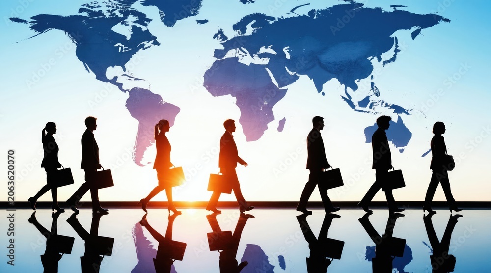 Obraz premium Silhouettes of business people walk in line carrying briefcases with world map background. They travel globally for work and business trips during sunrise or sunset with reflections on floor.