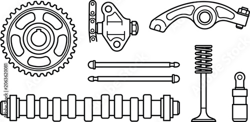 Foto Car engine valvetrain parts icon set with camshaft rocker arm valve sprocket lin