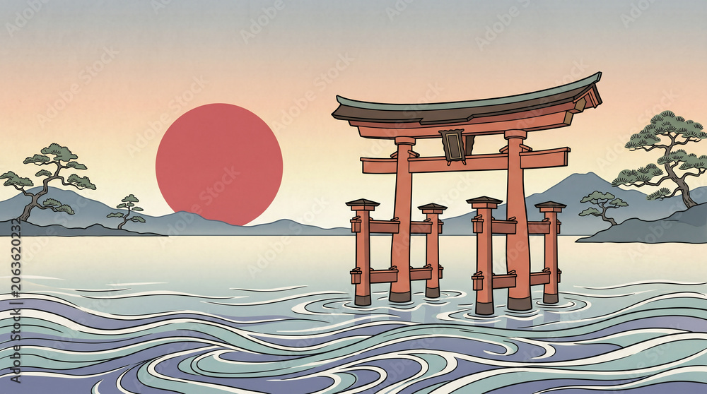 Naklejka premium Traditional Japanese Torii Gate Standing in a Shallow Lake