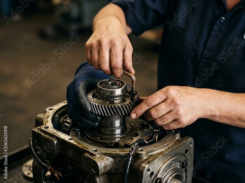 Mechanic repairing a complex car transmission gearbox in a workshop