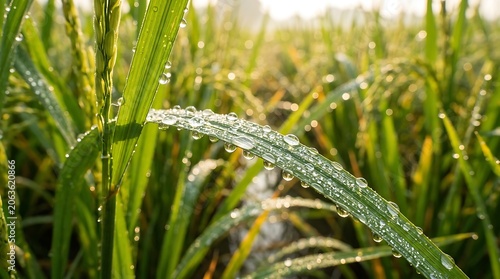 Morning dew drops on a fresh green rice leaf at sunrise