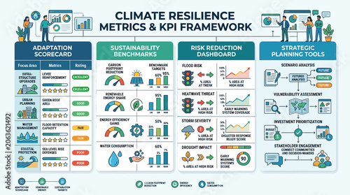 A comprehensive infographic detailing a climate resilience metrics and KPI framework, showing adaptation scorecards, sustainability benchmarks, risk reduction dashboards, and strategic planning tools.