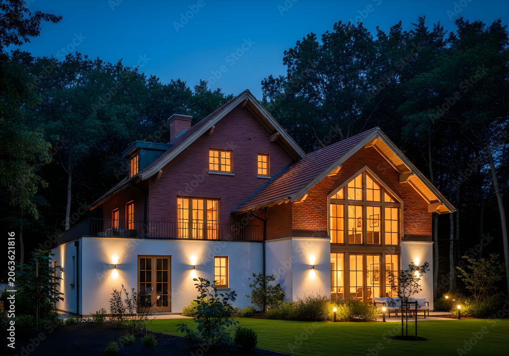 Naklejka premium Large modern house with warm lighting in a wooded area at dusk with green lawn