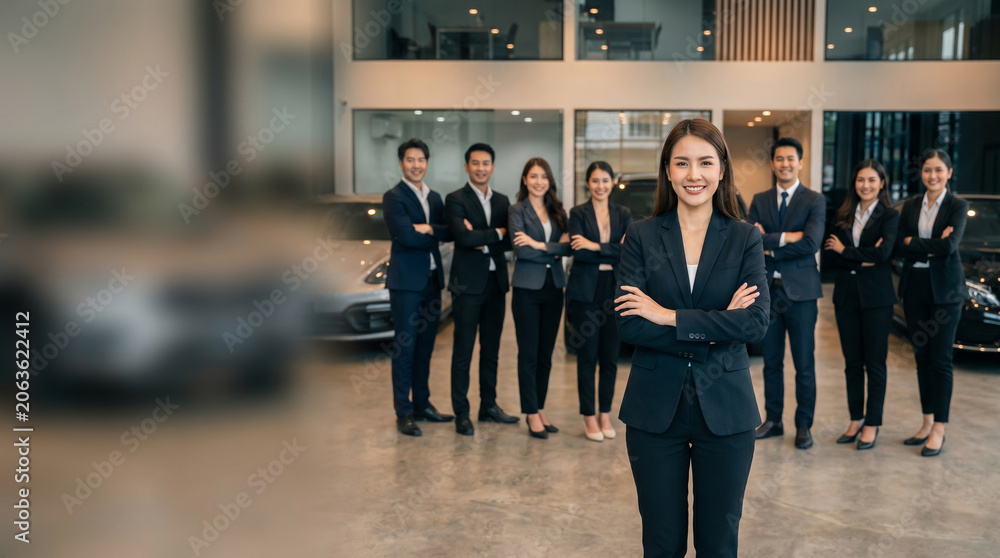 Fototapeta premium Diverse automotive professionals standing in modern car service center, led by confident female automotive engineer, with mechanics and technicians in busy workshop environment.