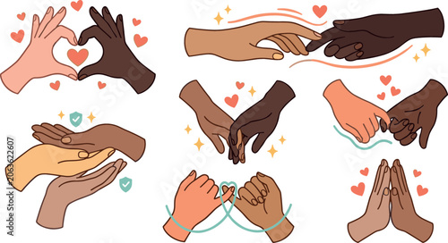 Schilderij op canvas Diverse skin tone hands making heart shape holding fingers pinky swear and touch