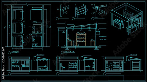 Craft Market Stall CAD Block Collection Artisan Booth AutoCAD Blueprint Technical Drawing Vector Set