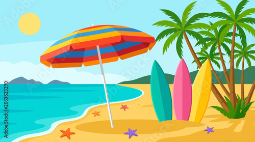 Foto Colorful beach scene with surfboards and umbrella.