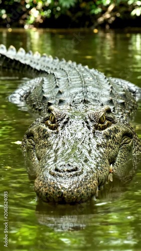 A large crocodile in green water.