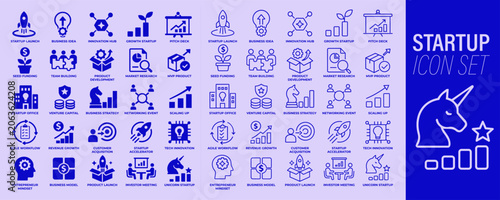 Bild auf Leinwand Startup icon set with business growth, innovation strategy and entrepreneurial d