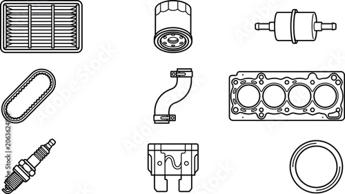 Foto Car engine maintenance parts icon set with filters spark plug and head gasket li