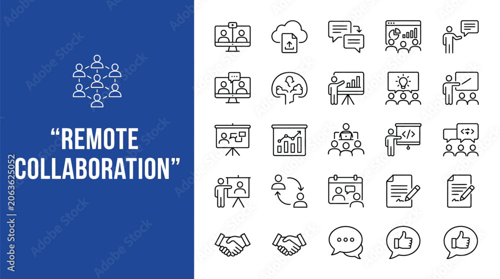 Fototapeta premium Set of thin line icons representing remote collaboration and professional digital team work communication tasks