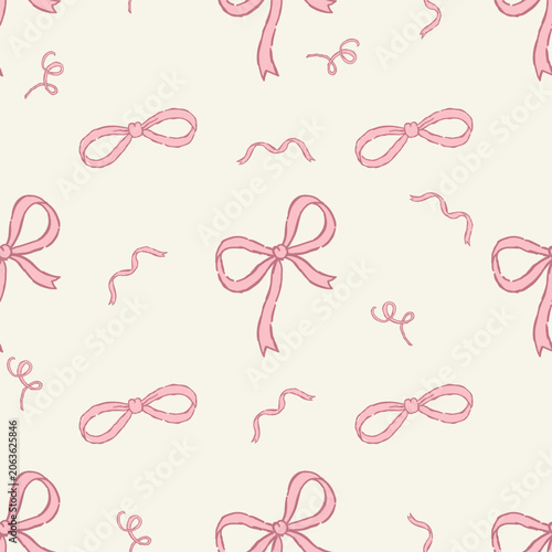 Seamless pink ribbon bow pattern with hand drawn cute bows and curls on soft pastel background, feminine decorative repeat design for wrapping paper.