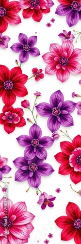 Delicate floral pattern featuring intricate violet, red, and pink flowers on a soft white background, delicate, watercolor