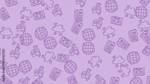 Purple patterned background with various icons and illustrations perfect for digital design projects, website headers, social media graphics, and presentations.