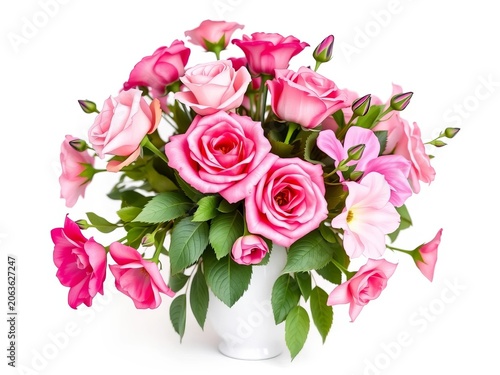 Pristine pink rose and eustoma flowers arranged in a beautiful corner vase against a pure white background, white background, garden
