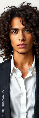 Curly hair styled in loose waves framing a confident expression, dressed in a sharp blazer and crisp white shirt against a clean white background, leadership, white background