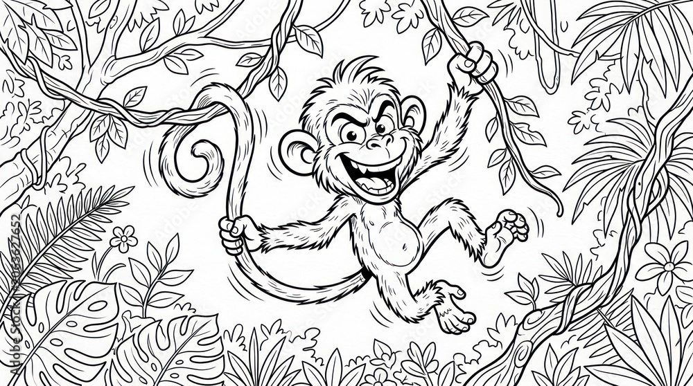 Obraz premium Cute Cartoon Monkey Hanging on a Jungle Vine Coloring Page.