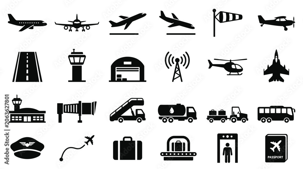 Fototapeta premium Airplane and Airport Facility Icon Set with Runway Tower Hangar Helicopter Baggage Security Passport and Ground Service Symbols