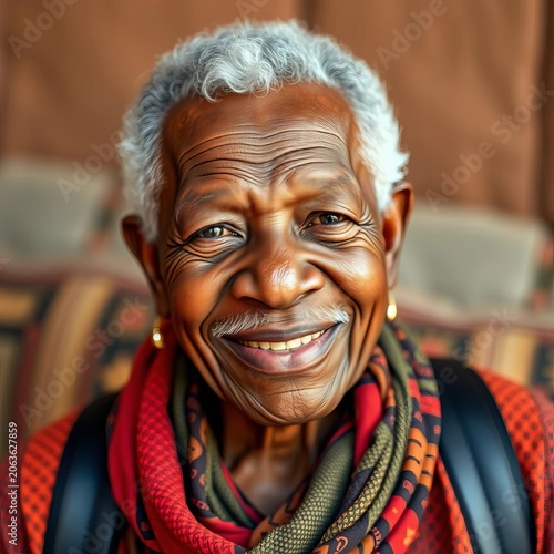African American senior's warm smile greets the camera, warm, ||kitchen