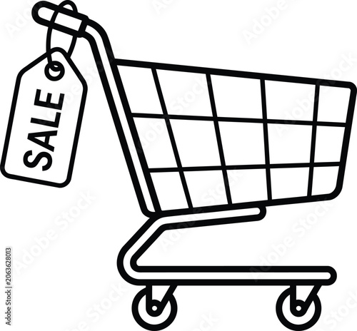 Outline shopping cart with a SALE tag a simple black and white vector illustration for retail promotions and e-commerce websites